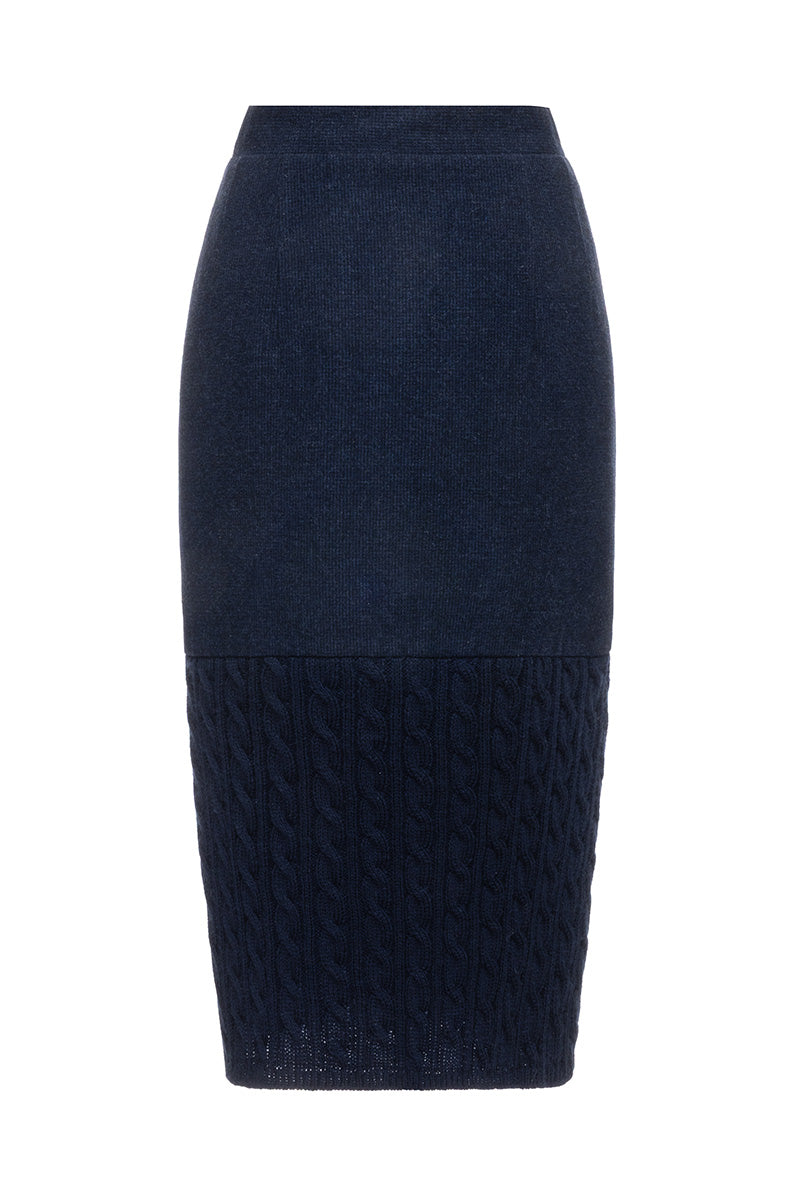 Navy knit midi skirt from Liya featuring a fitted waist and soft, stretchy fabric, perfect for casual and chic outfits.
