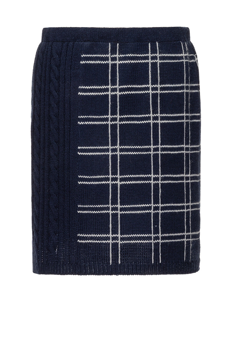 Navy checked knit mini skirt by Liya featuring a fitted waist and short hem, perfect for casual or chic outfits.