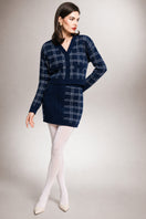 Navy checked knit mini skirt by Liya featuring a fitted waist and short hem, perfect for casual or stylish outfits.