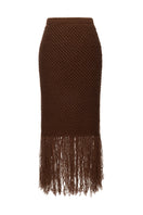 Liya brown maxi skirt with fringes, flowing fabric and boho style, shown on a hanger.