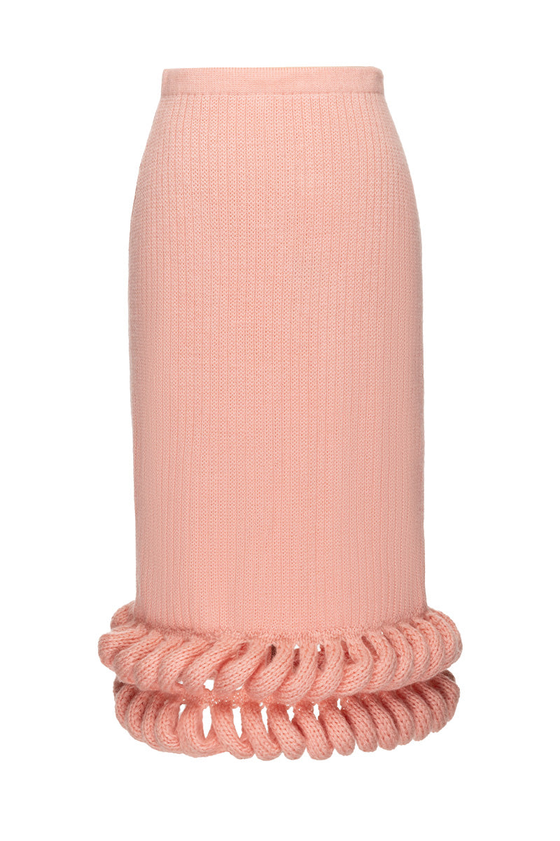 Pink braided midi skirt by Liya, featuring a stylish woven design and a flowy silhouette, perfect for casual or dressy occasions.