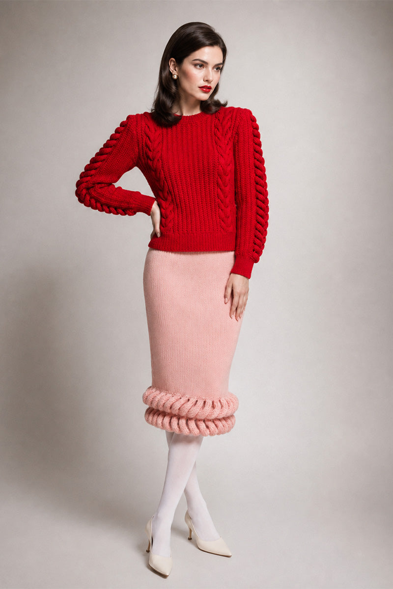 Pink braided midi skirt by Liya, featuring a stylish woven design, perfect for casual or dressy outfits.
