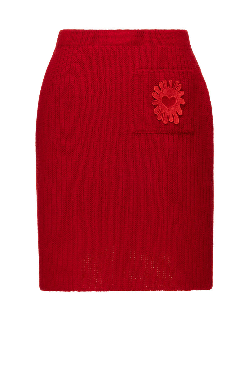Red mini skirt from Liya featuring a fitted design and stylish length, perfect for casual or dressy outfits.
