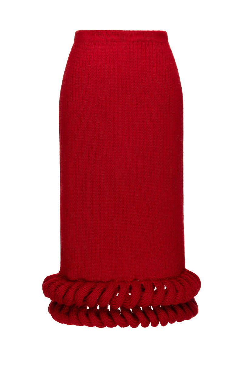 Liya red braided midi skirt featuring a stylish braided design and flowy midi length, perfect for casual or dressy outfits.