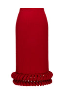 Liya red braided midi skirt featuring a stylish braided design and flowy midi length, perfect for casual or dressy outfits.