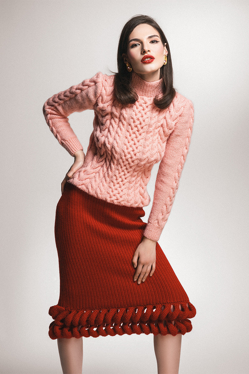 Red braided midi skirt by Liya featuring a stylish, flowy design and intricate braid details on lightweight fabric.