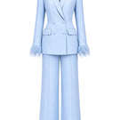 Baby blue hourglass suit set with feather details by Joanna Andraos, featuring a stylish and elegant design.