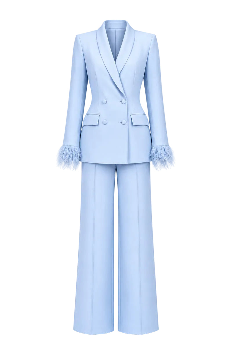 Baby blue hourglass suit set with feather details by Joanna Andraos, featuring a stylish and elegant design.