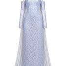 Baby blue to silver ombré embroidered gown by Joanna Andraos, featuring delicate embroidery and elegant flowing fabric.