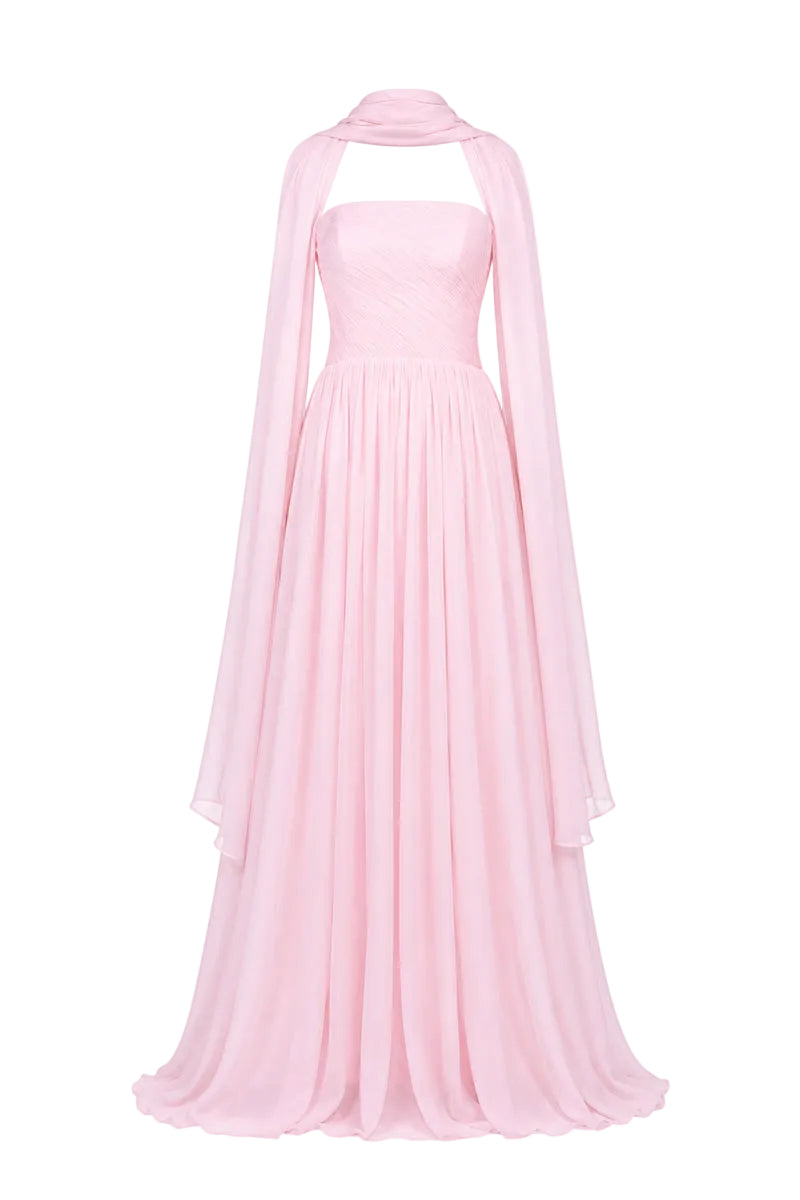 Joanna Andraos blush evening gown with elegant flowing fabric and intricate detailing, perfect for formal occasions.