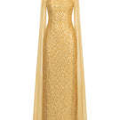 Gold embroidered Joanna Andraos gown with intricate embroidery and flowing fabric, showcasing elegant evening wear.