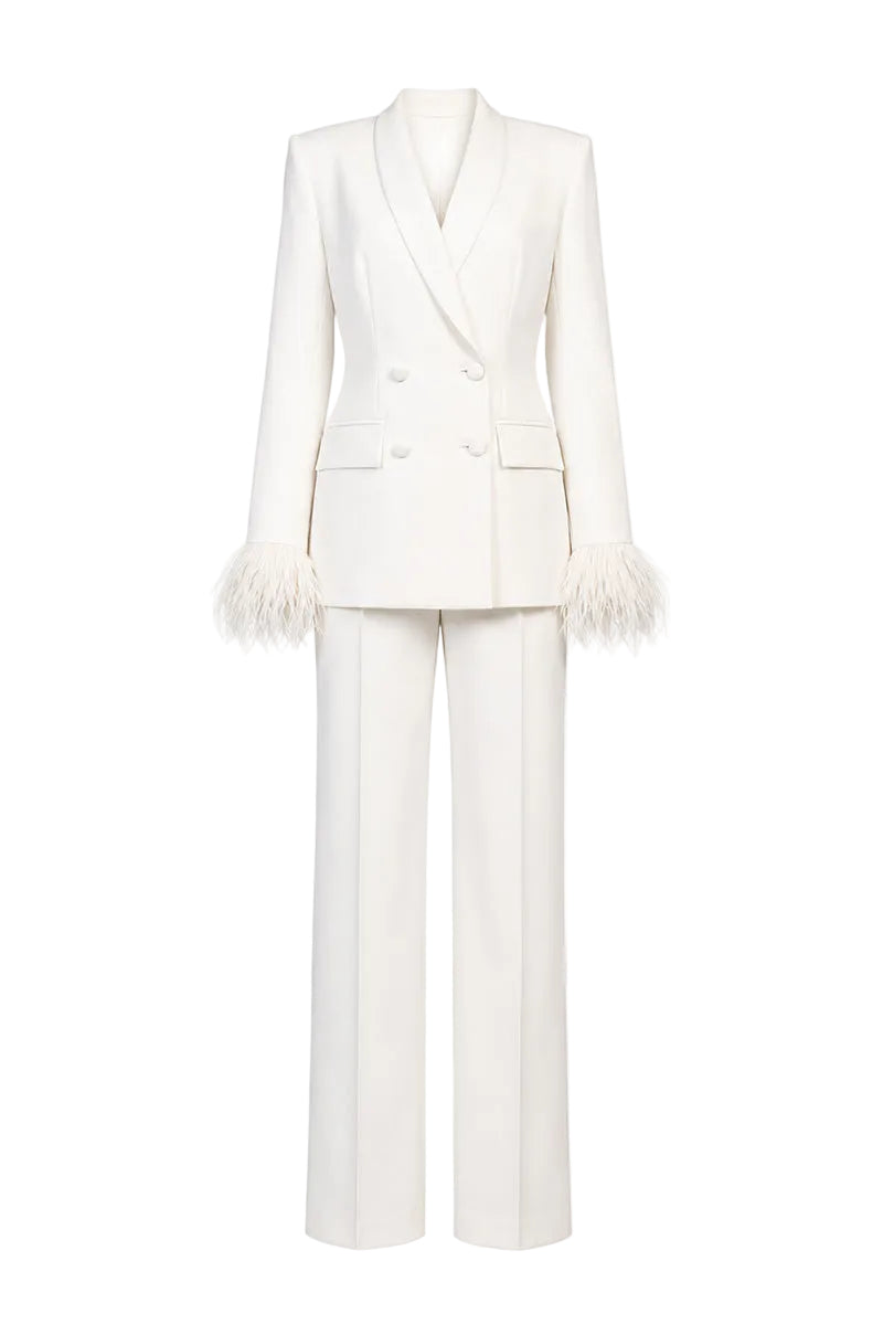 Ivory white hourglass suit set with feather details by Joanna Andraos, featuring a tailored fit and elegant design.
