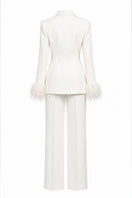 Ivory white hourglass suit set with feather details by Joanna Andraos, featuring a tailored fit and elegant design.