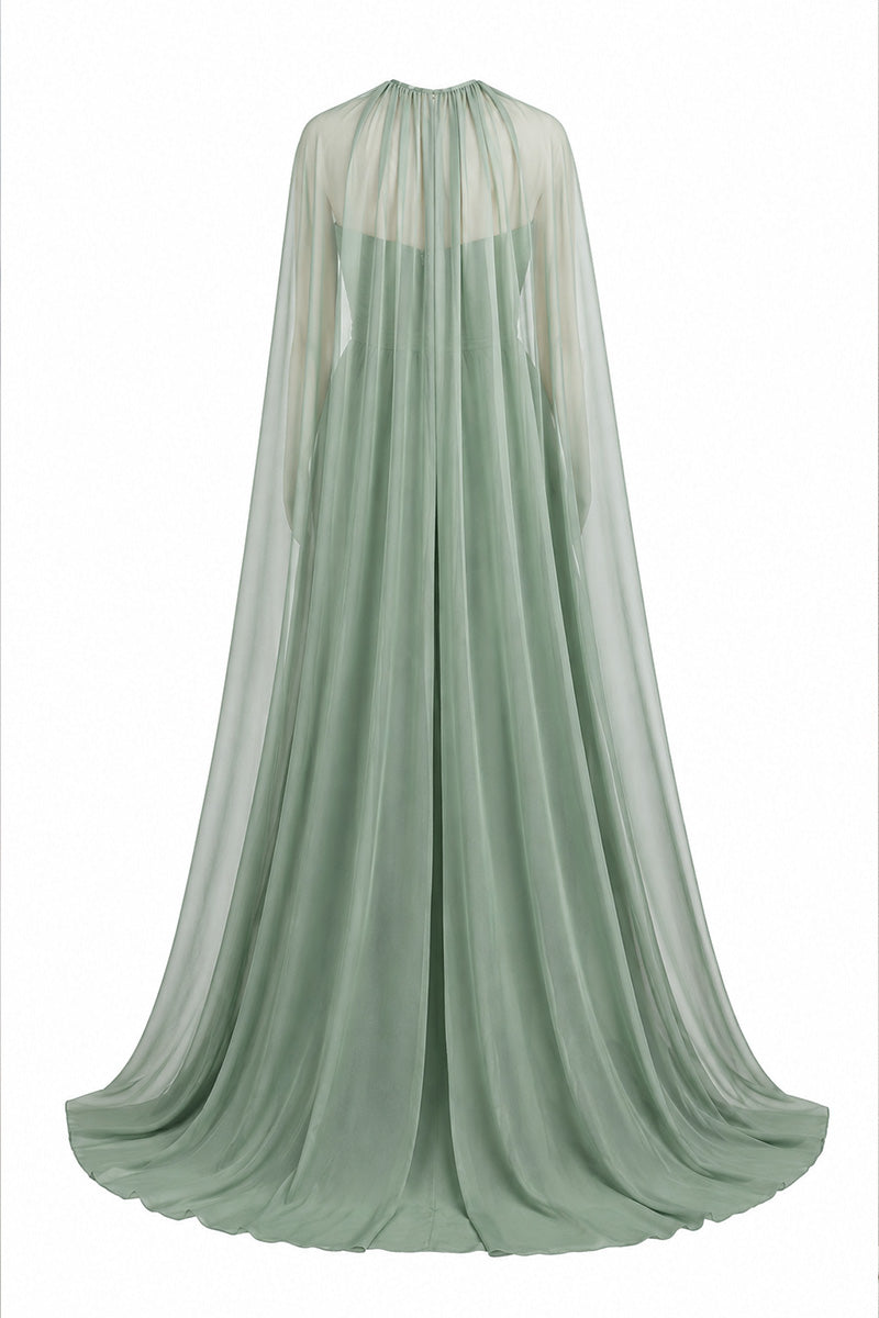 Elegant strapless gown by Joanna Andraos featuring a detachable cape, perfect for formal events and evening wear.