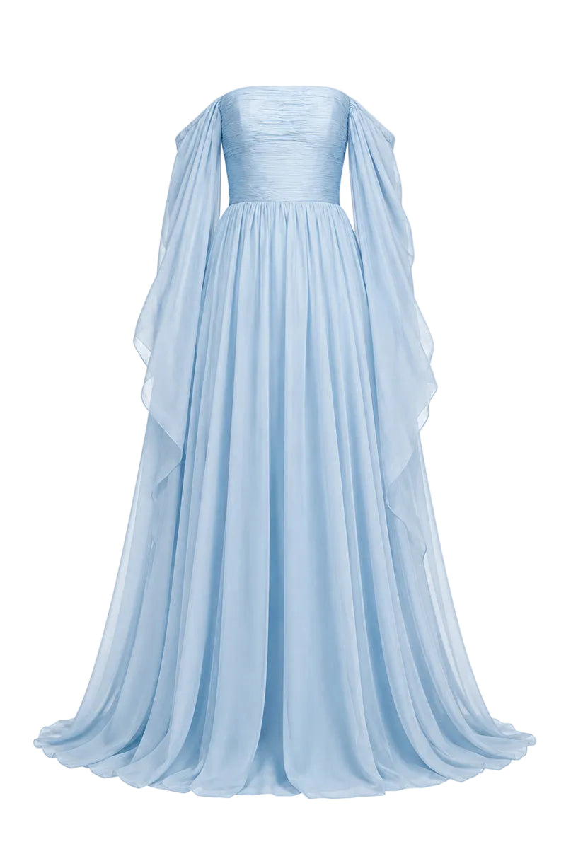 Baby blue strapless gown by Joanna Andraos, elegant formal dress with flowing fabric and fitted bodice.