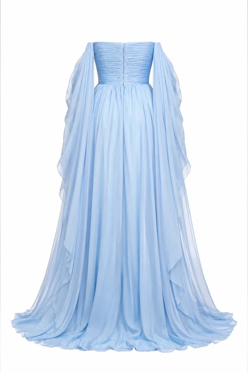 Baby blue strapless gown by Joanna Andraos, featuring elegant drape and fitted bodice, perfect for formal occasions.