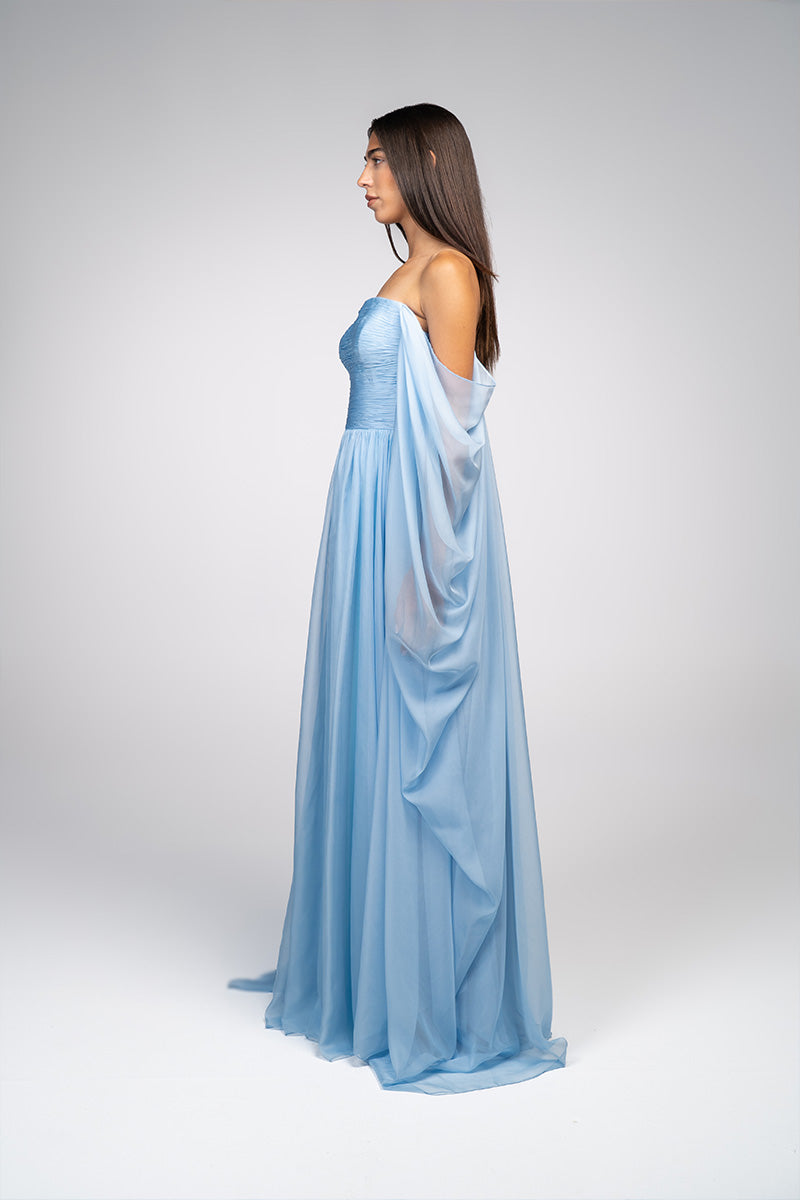 Baby blue strapless gown by Joanna Andraos featuring elegant fabric and a fitted silhouette.