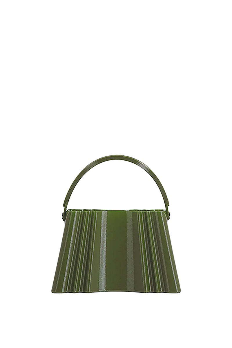 Touchless Olive Silk Clutch with sleek design, featuring a smooth olive silk exterior and elegant compact shape.