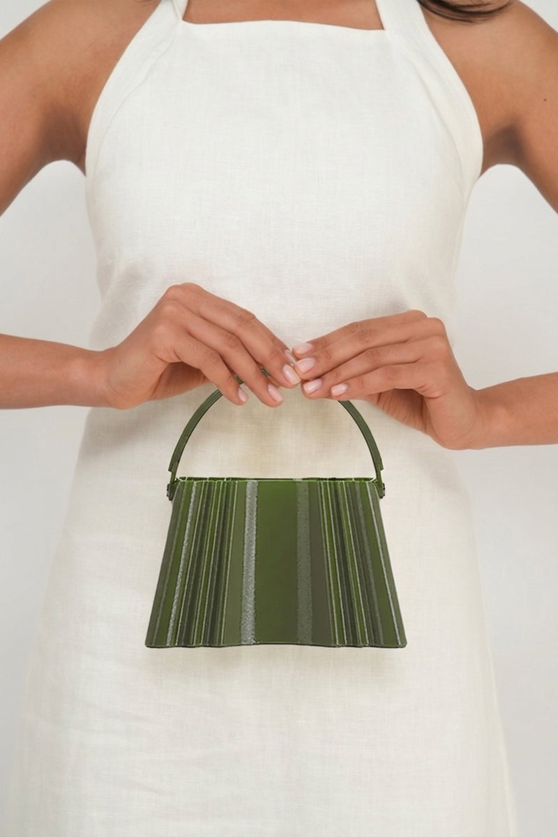 Touchless olive silk clutch bag with sleek design, perfect for evening or formal occasions.