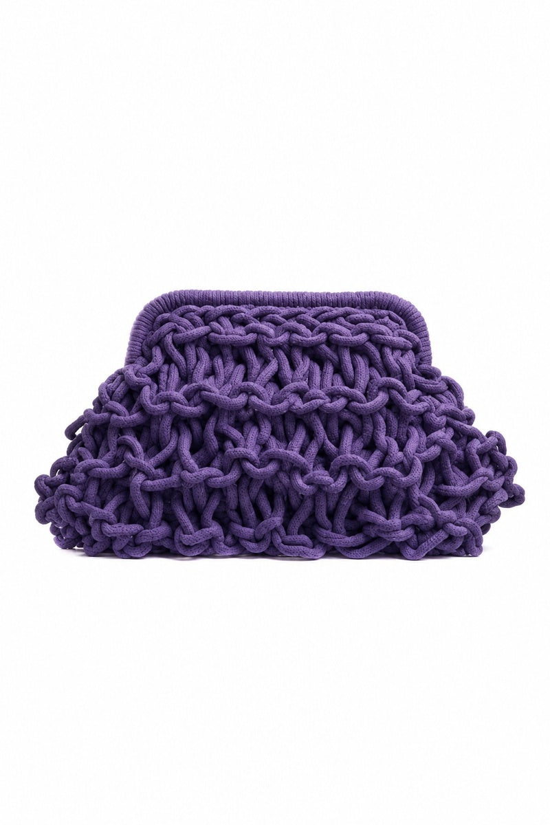 Small plum purple rope clutch bag by Folklore The Label with a compact design and rope strap details.