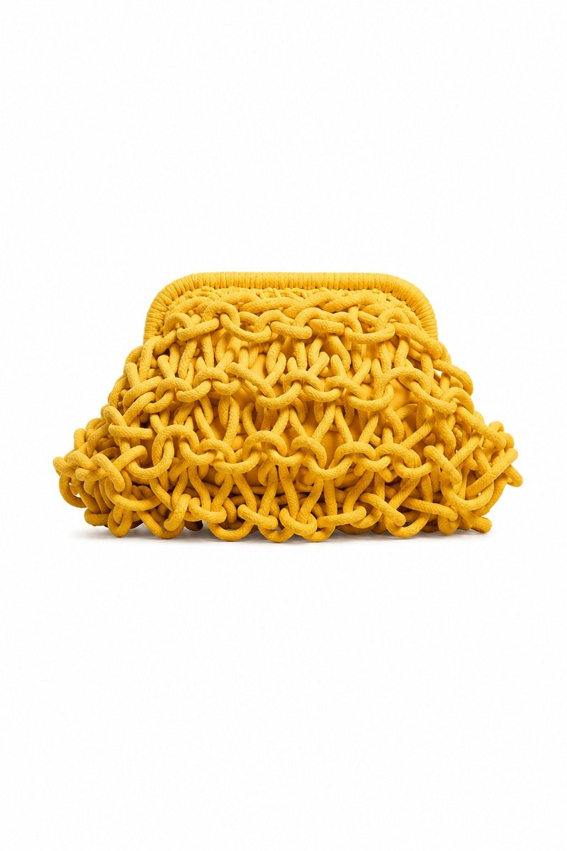 Yellow small rope clutch bag from Folklore The Label with a minimalist design and compact shape.