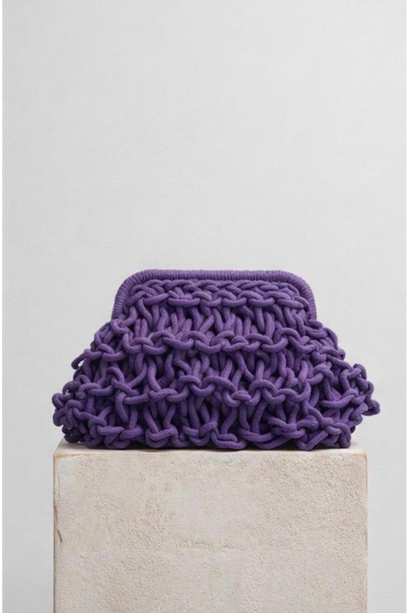 Small plum purple rope clutch bag by Folklore The Label, featuring a compact design and stylish rope detailing.