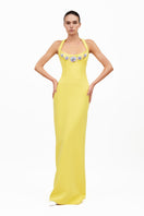 Moon Hakaan Yildirim Sol yellow gown, lightweight and flowing, with soft fabric and elegant design perfect for special occasions.