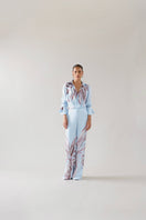 Tinta Latina Soler pants in blue print, stylish casual pants with a vibrant geometric pattern and comfortable fit.