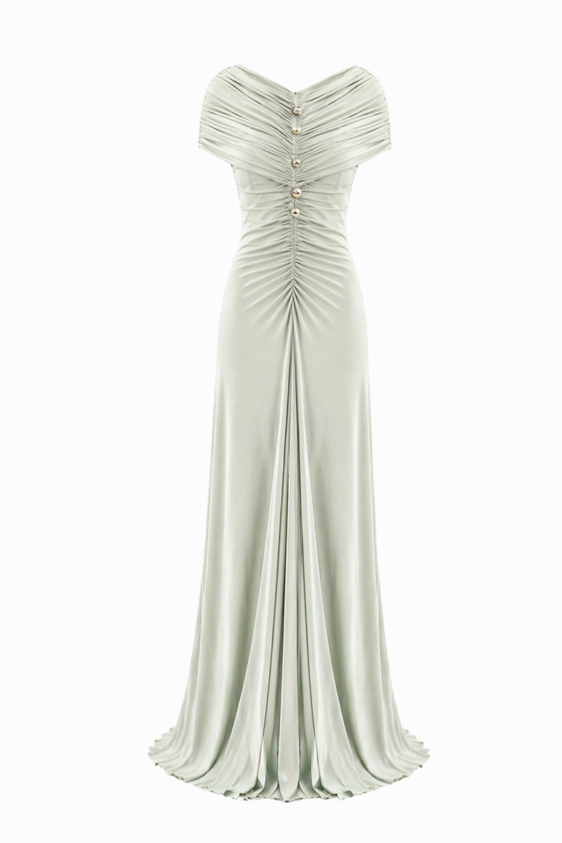 Bright mint green SOLITA maxi dress by Gigii's, flowing fabric with a stylish, elegant design perfect for summer occasions.