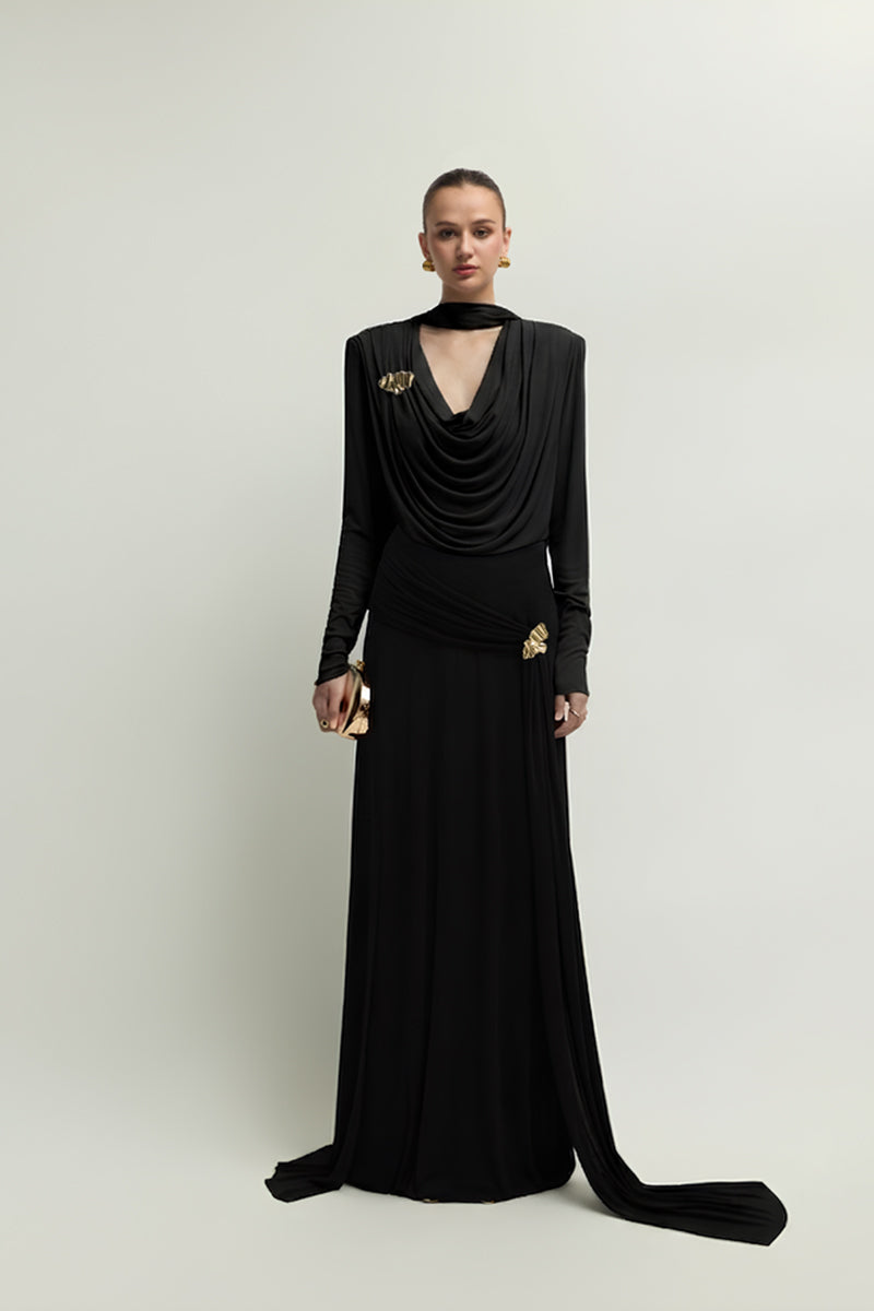 Black SONIQ top by Jenny K Tran, stylish women's blouse with a modern design, shown on a hanger.