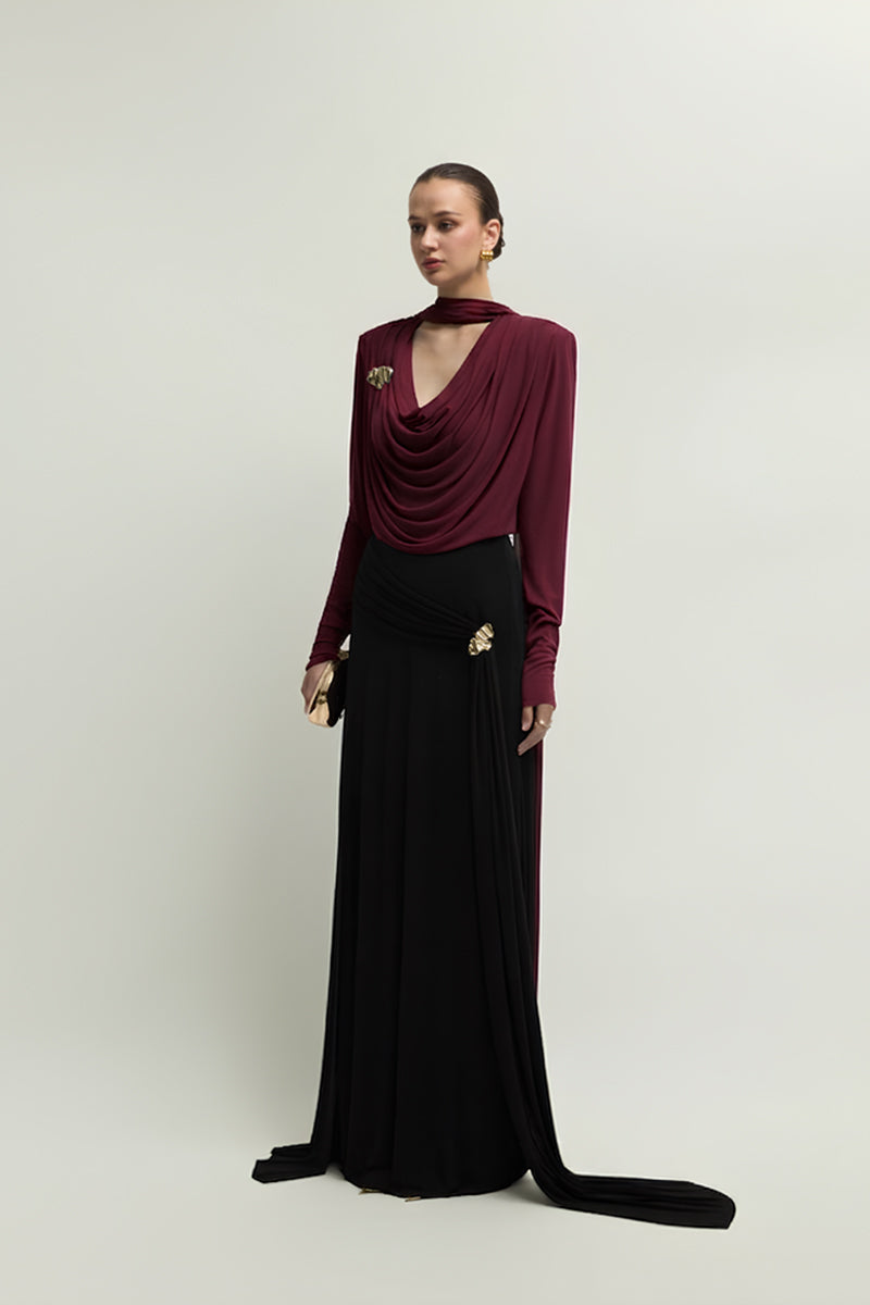 Jenny K Tran Soniq Top in burgundy, stylish women's blouse with long sleeves and a relaxed fit.