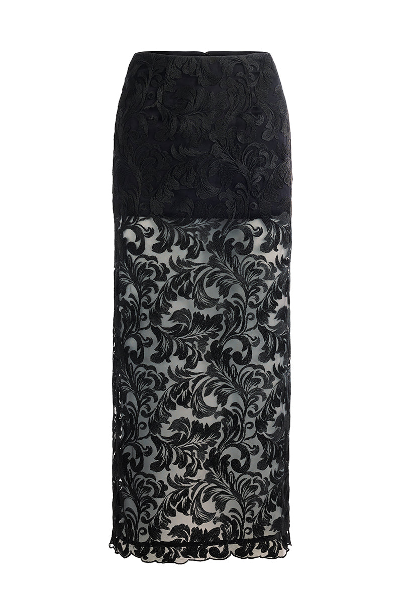 Black Scarlett Gasque Sovereign Maxi Skirt with flowing fabric and high waist, displayed on a mannequin against a plain background.