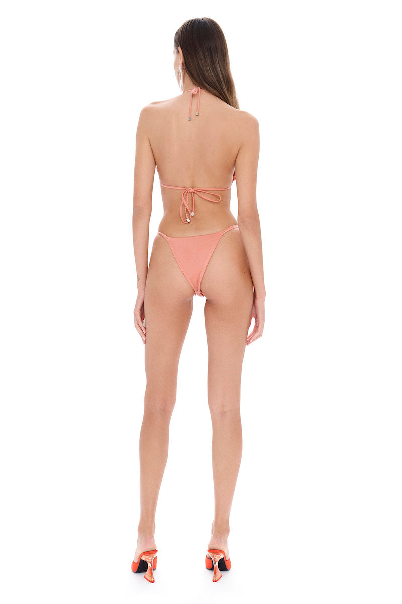 Selia Richwood LIA Peach bikini top with matching bottoms, tied strings, and smooth fabric, perfect for beach or poolside wear.