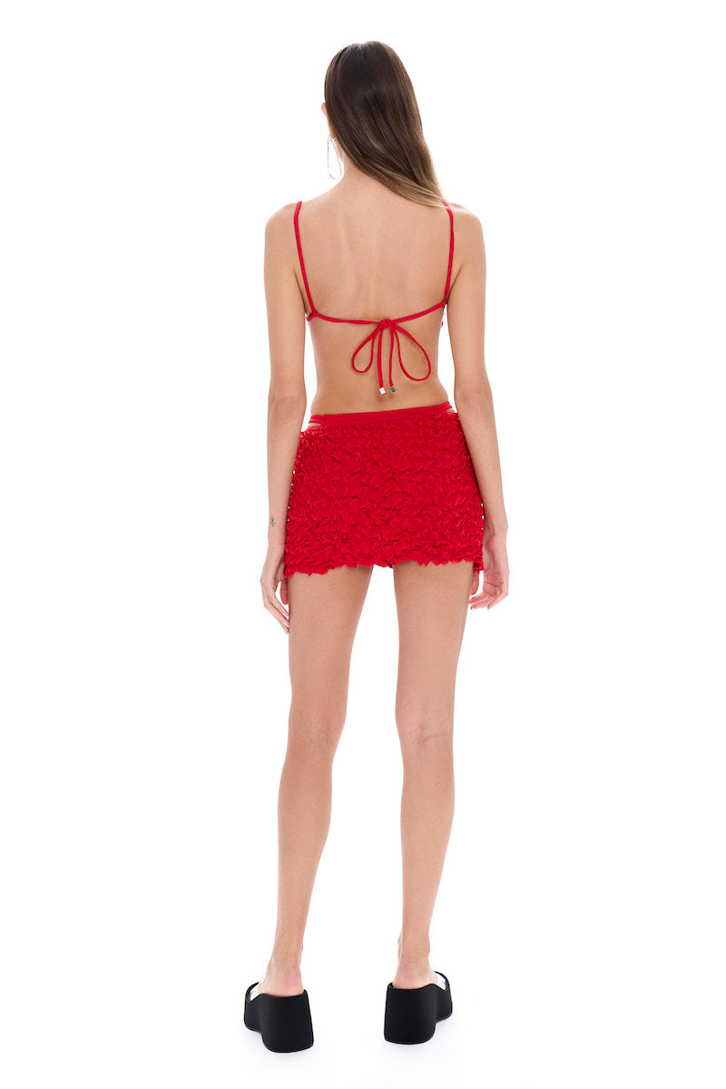 Selia Richwood LIA Red Mini Beach Skirt cover-up with lightweight fabric and vibrant red color, perfect for casual beachwear.