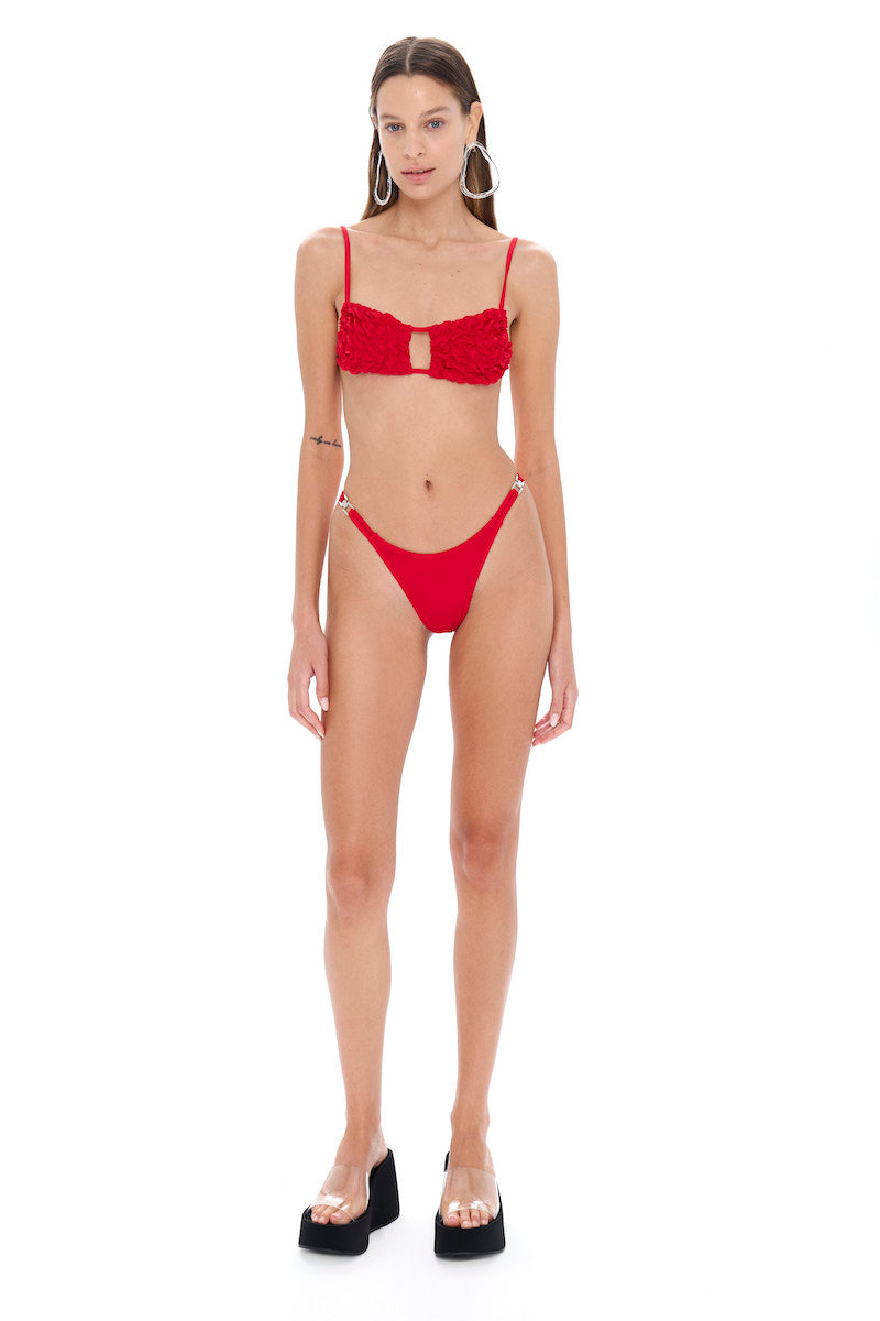 Selia Richwood LIA Red Bikini featuring a stylish halter top and matching bottoms, perfect for beach or poolside wear.