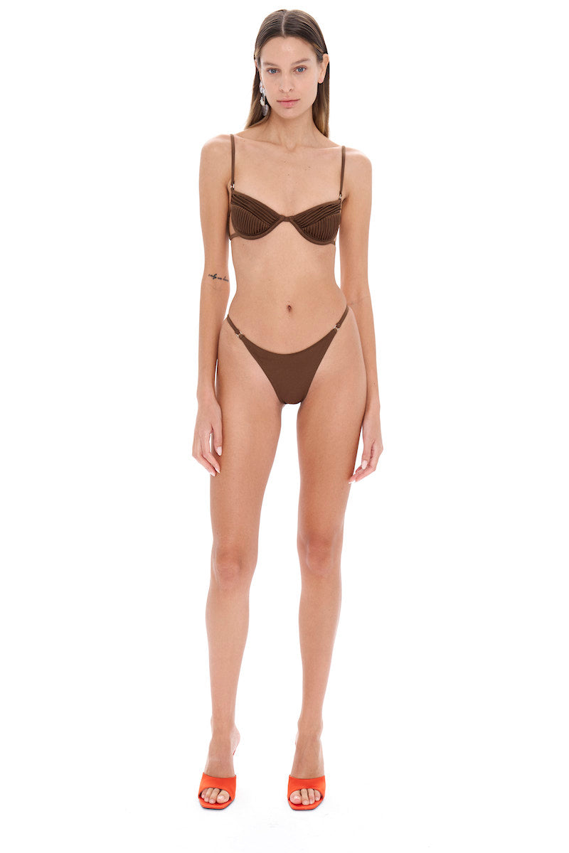Selia Richwood Amy Brown bikini top and bottom set with adjustable straps and slim fit, perfect for beachwear and swimming.