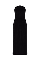 Black Saray midi dress by Podyh with a fitted silhouette and elegant design, shown on a model.