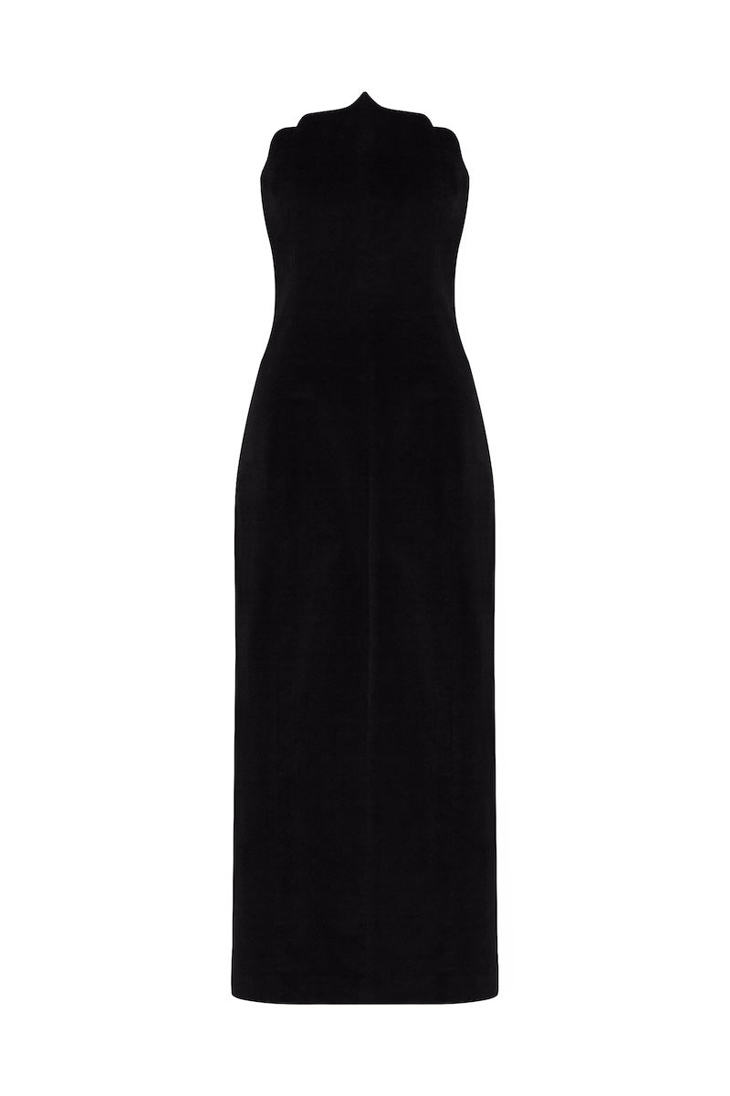 Black Saray midi dress by Podyh with a fitted silhouette and elegant design, shown on a model.