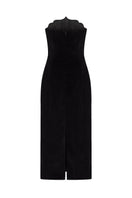 Black Saray midi dress by PODYH featuring a sleek, elegant design with a fitted silhouette and stylish neckline.