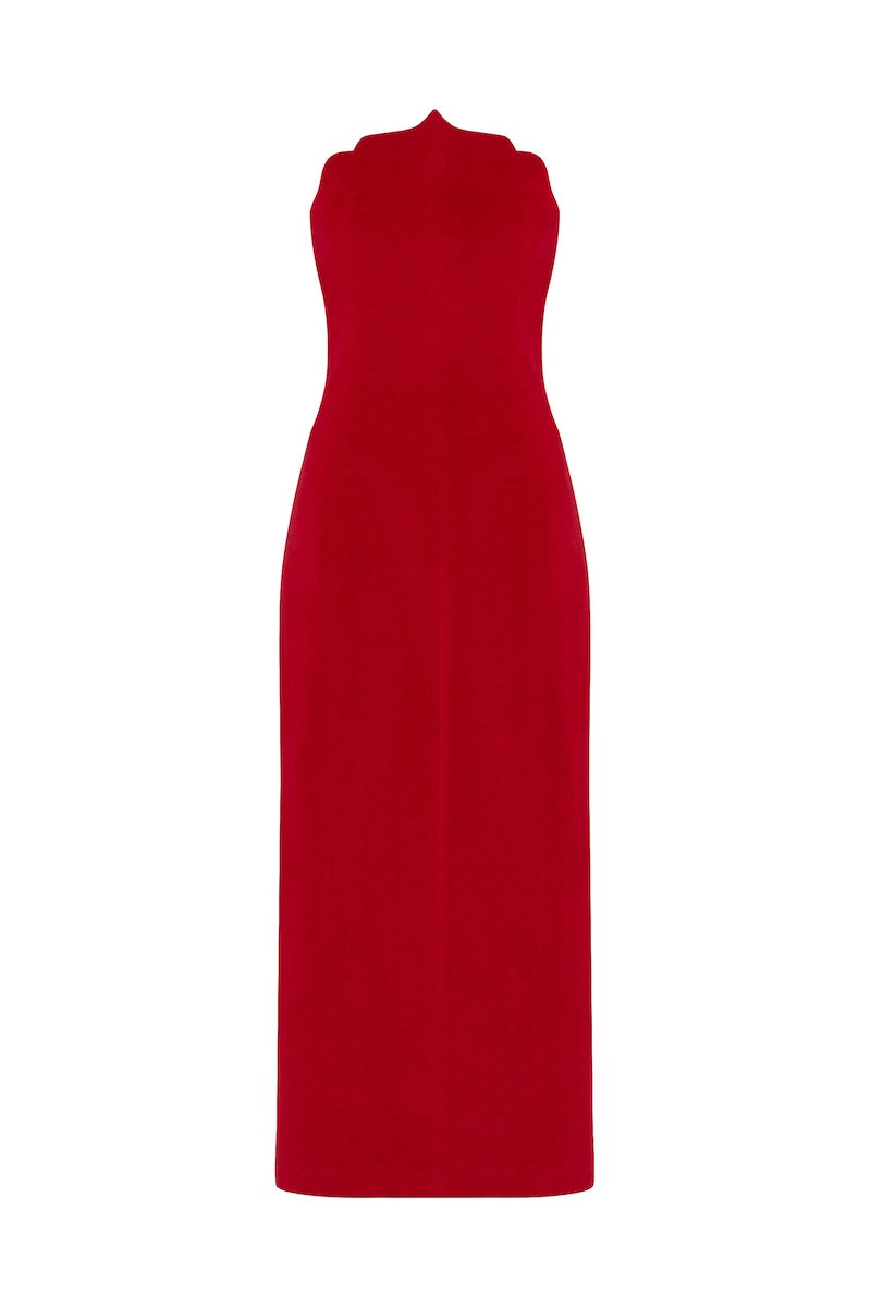 Red Saray midi dress by PODYH featuring a flowy design and elegant style for versatile occasions.