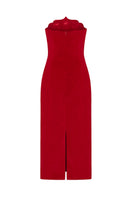 Red PODYH Saray midi dress displayed on a hanger with a fitted waist and flowing skirt, perfect for stylish occasions.