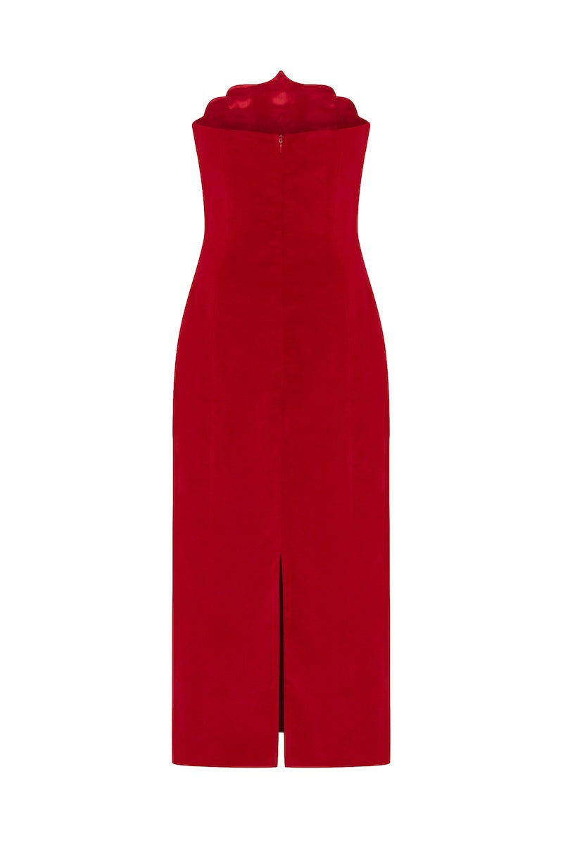 Red PODYH Saray midi dress displayed on a hanger with a fitted waist and flowing skirt, perfect for stylish occasions.