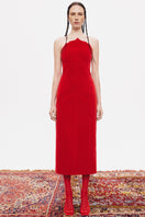 Red PODYH Saray midi dress featuring a stylish, flowy design perfect for elegant occasions.