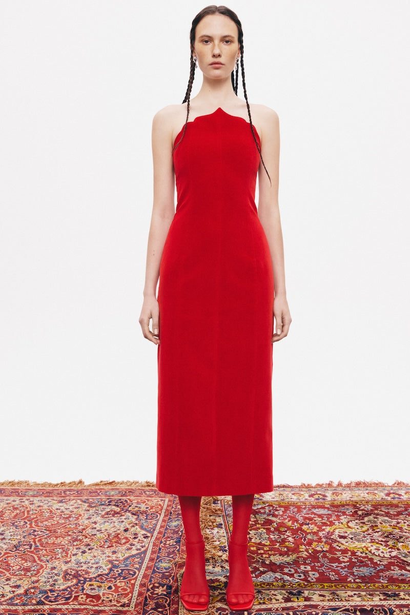 Red PODYH Saray midi dress featuring a stylish, flowy design perfect for elegant occasions.