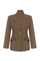 Podyh Kemer beige jacket displayed on a hanger with a structured design and classic collar, suitable for casual or formal wear.