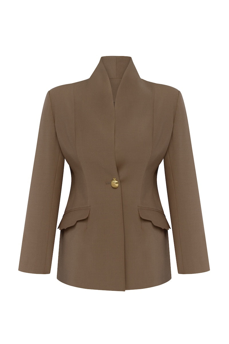 Podyh Kemer beige jacket displayed on a hanger with a structured design and classic collar, suitable for casual or formal wear.