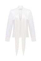White PODYH YAPRAQ blouse, a stylish shirt with a classic fit, shown on a hanger against a neutral background.