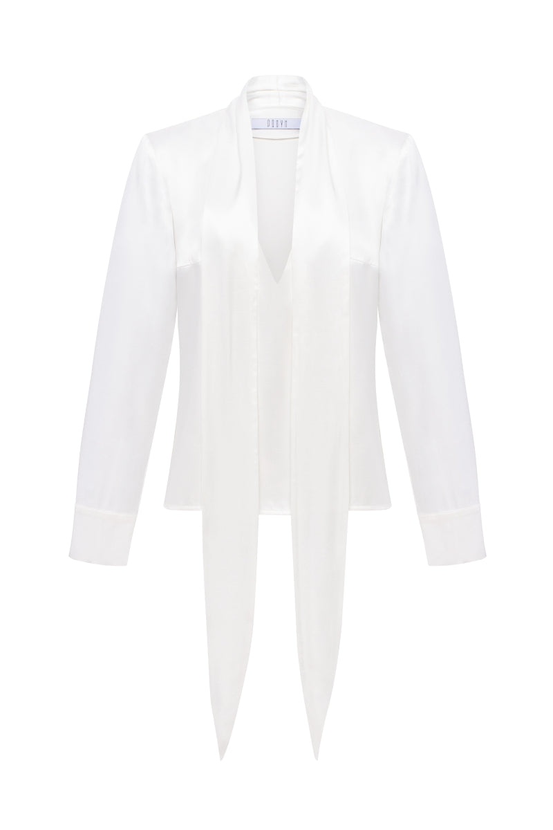 White PODYH YAPRAQ blouse, a stylish shirt with a classic fit, shown on a hanger against a neutral background.