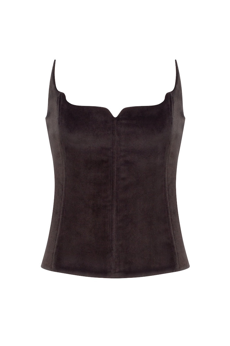 PODYH Saray brown corset top with structured design and lace-up front, styled with elegant fabric and detailed stitching.