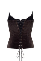 PODYH Saray brown corset top with structured design and lace-up front, displayed on a mannequin.